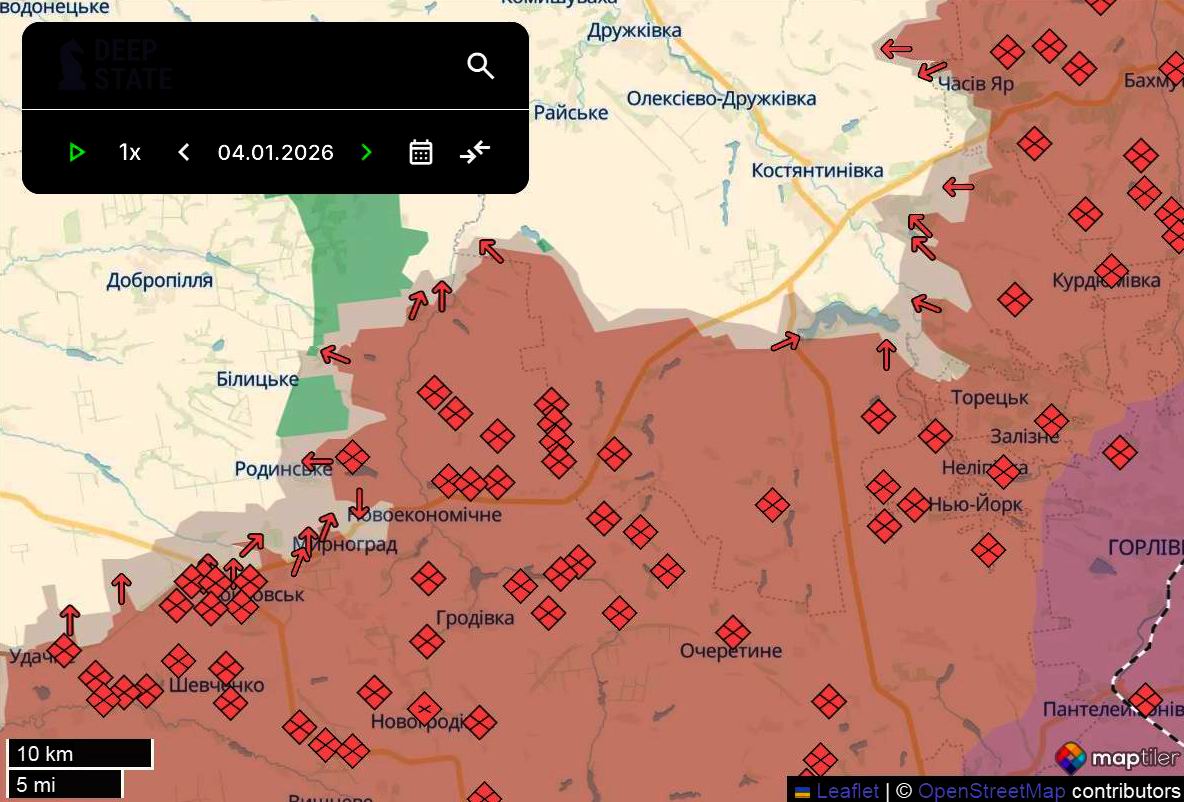 Лінія фронту між Покровськом і Костянтинівкою станом на 4 січня/DeepStateMAP