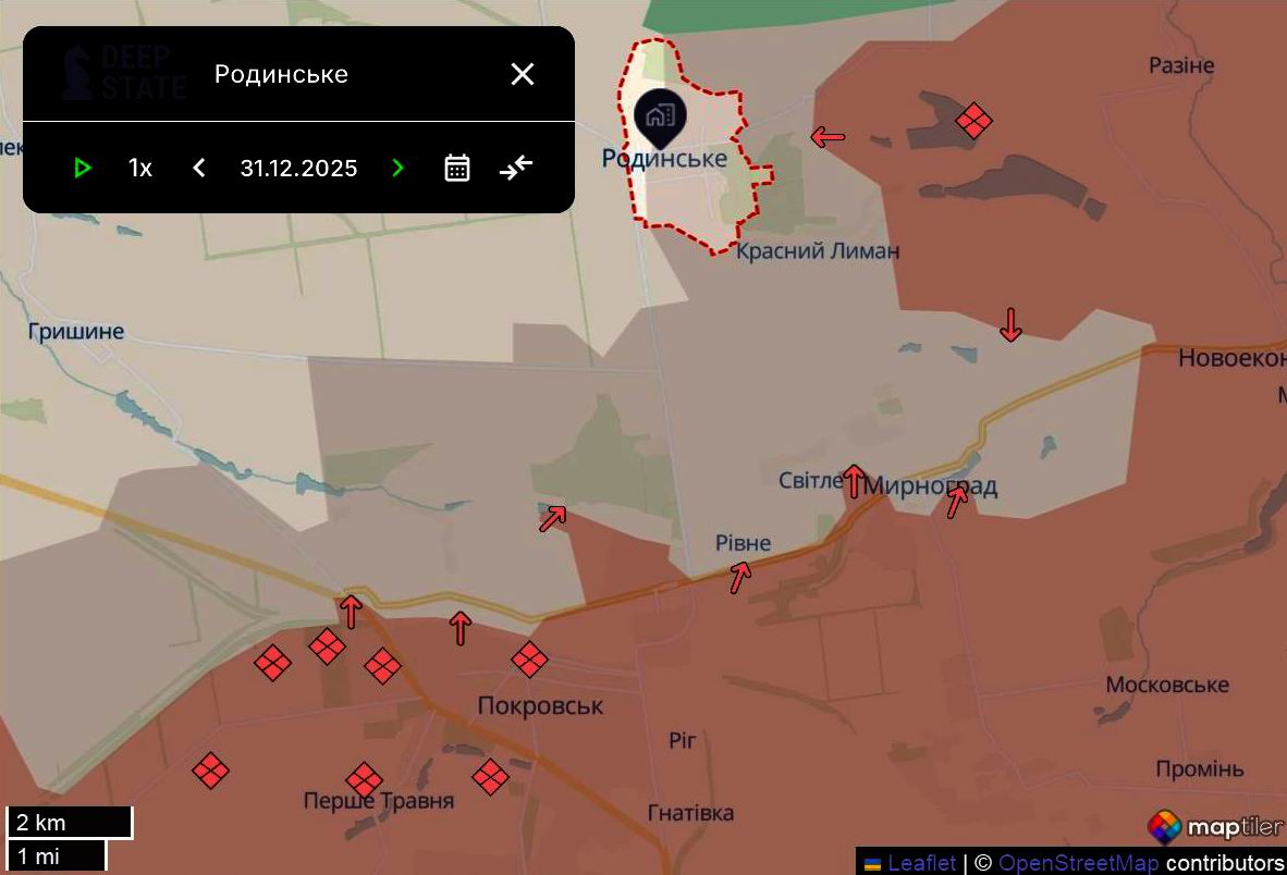 Лінія фронту в районі покровсько-мирноградської агломерації станом на 31 грудня/DeepStateMAP