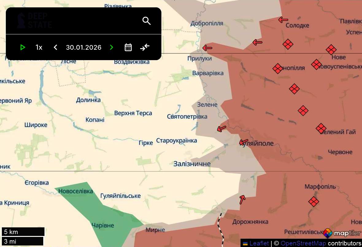 Лінія фронту на гуляйпільському напрямку станом на 30 січня/DeepStateMAP