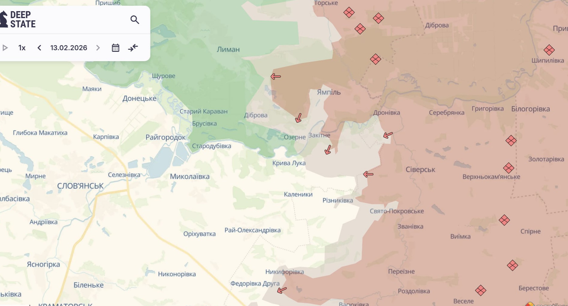 Ориентировочная карта боевых действий на 13 февраля в 23:21/DeepStateMap