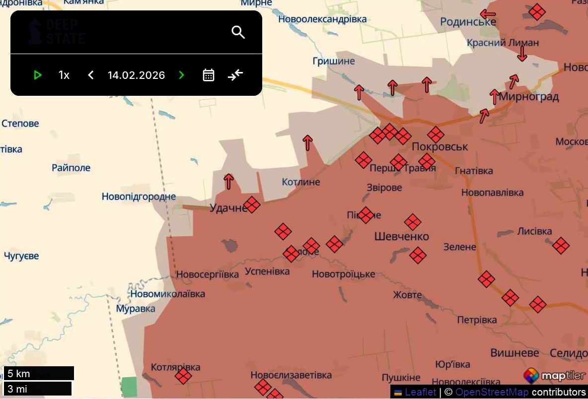 Лінія фронту на півночі покровського напрямку станом на 14 лютого/DeepStateMAP