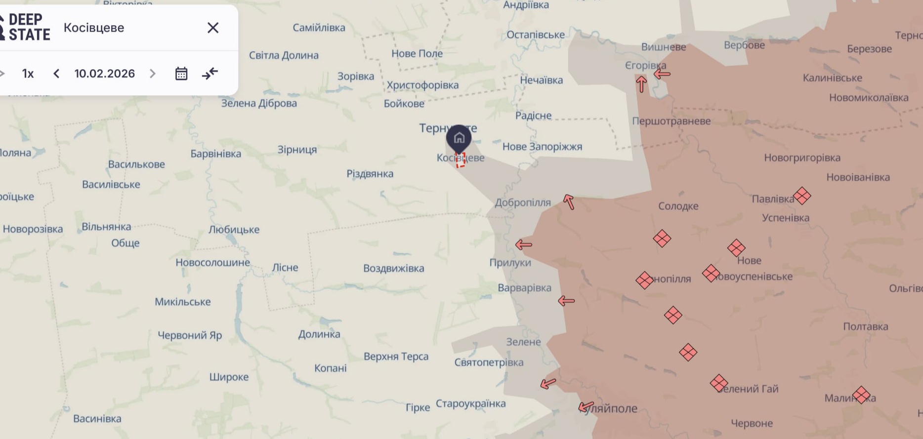 Ориентировочная карта боевых действий на 10 февраля в 22:38/DeepStateMap