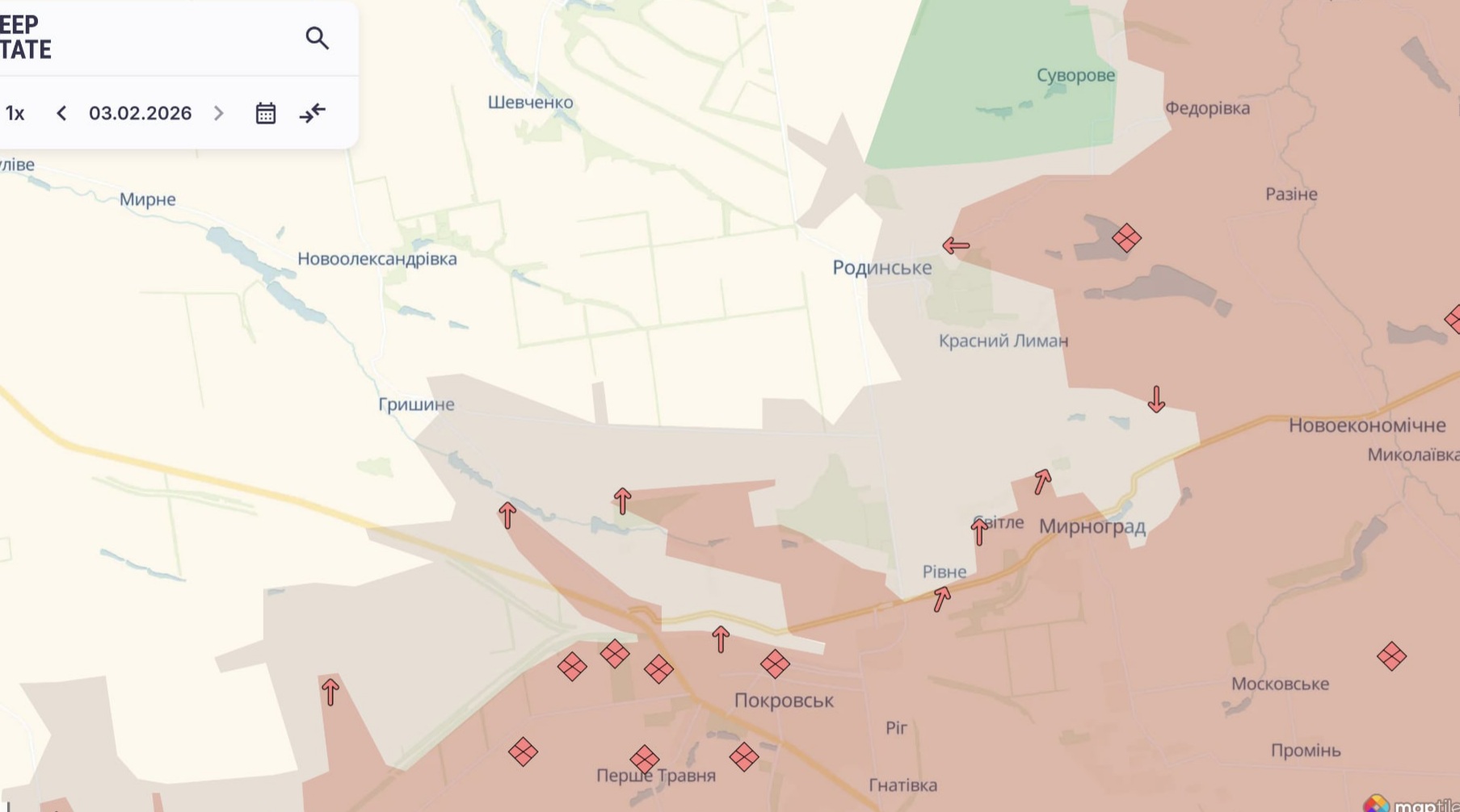 Ориентировочная карта боевых действий на 3 февраля в 22:52/DeepStateMap