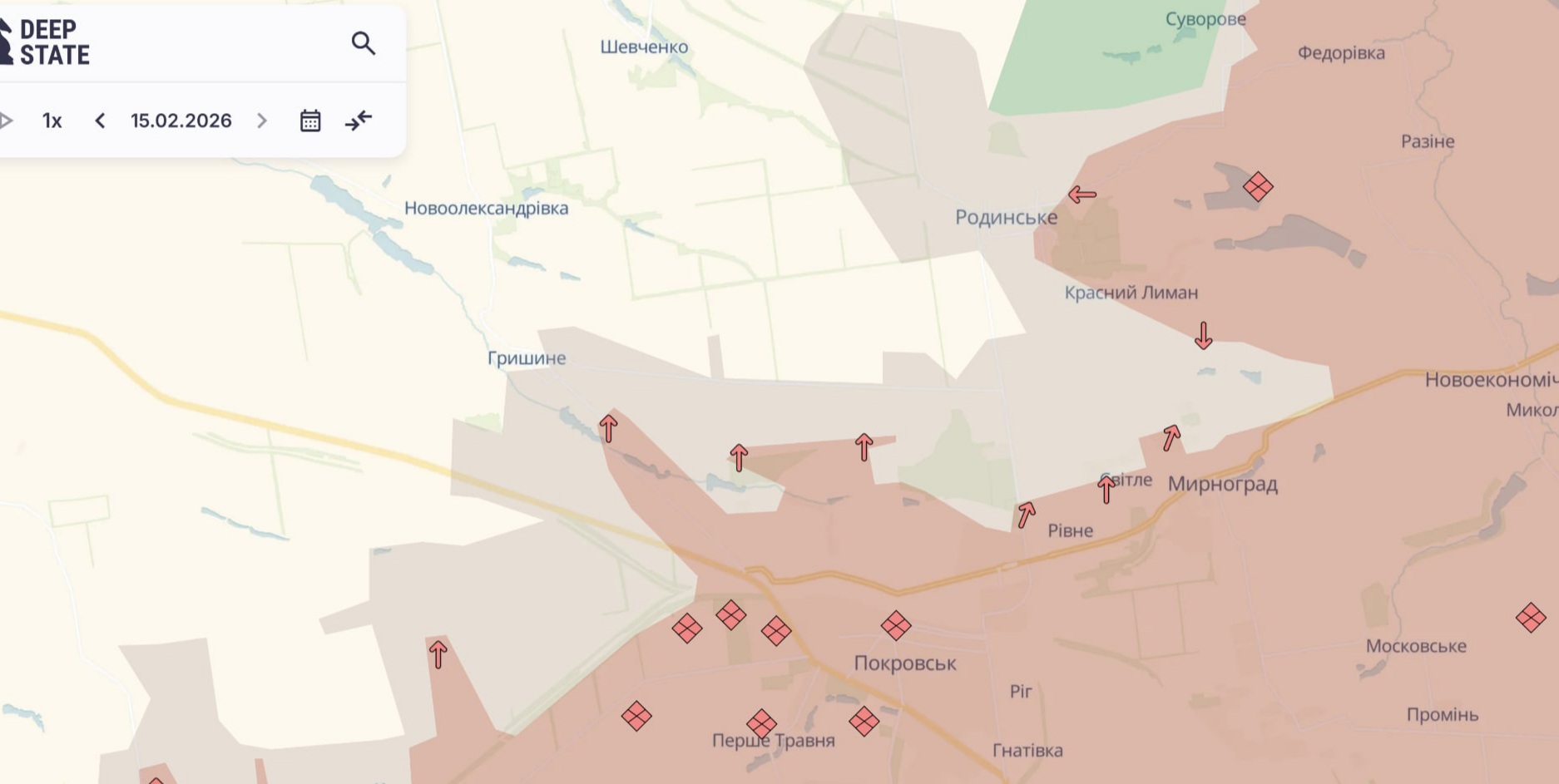 Ориентировочная карта боевых действий на 15 февраля в 22:29/DeepStateMap