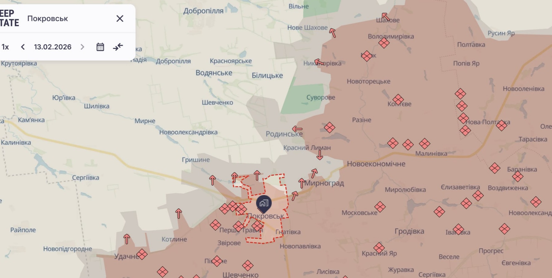 Ориентировочная карта боевых действий на 13 февраля в 23:21/DeepStateMap