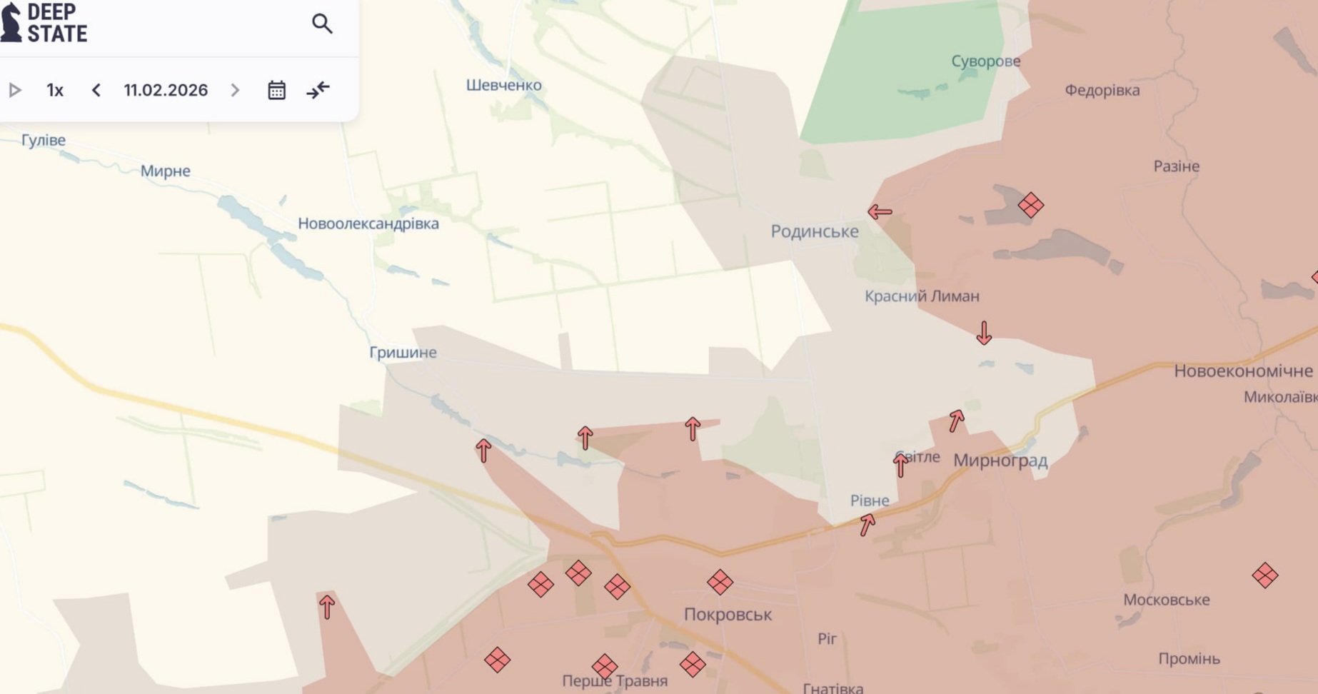 Ориентировочная карта боевых действий на 11 февраля в 22:03/DeepStateMap
