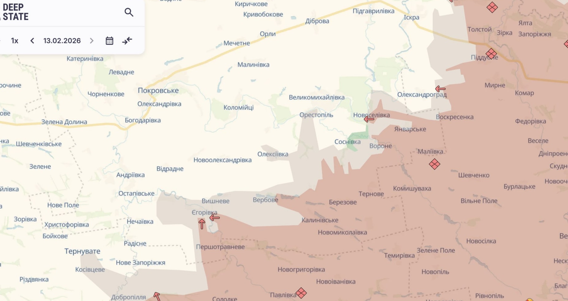 Ориентировочная карта боевых действий на 13 февраля в 23:21/DeepStateMap