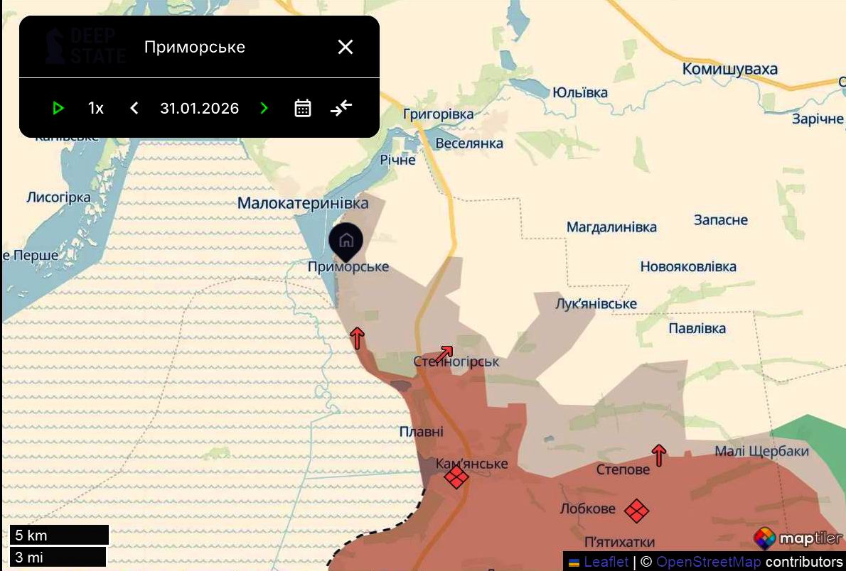 Лінія фронту в районі Приморського станом на 31 січня/DeepStateMAP