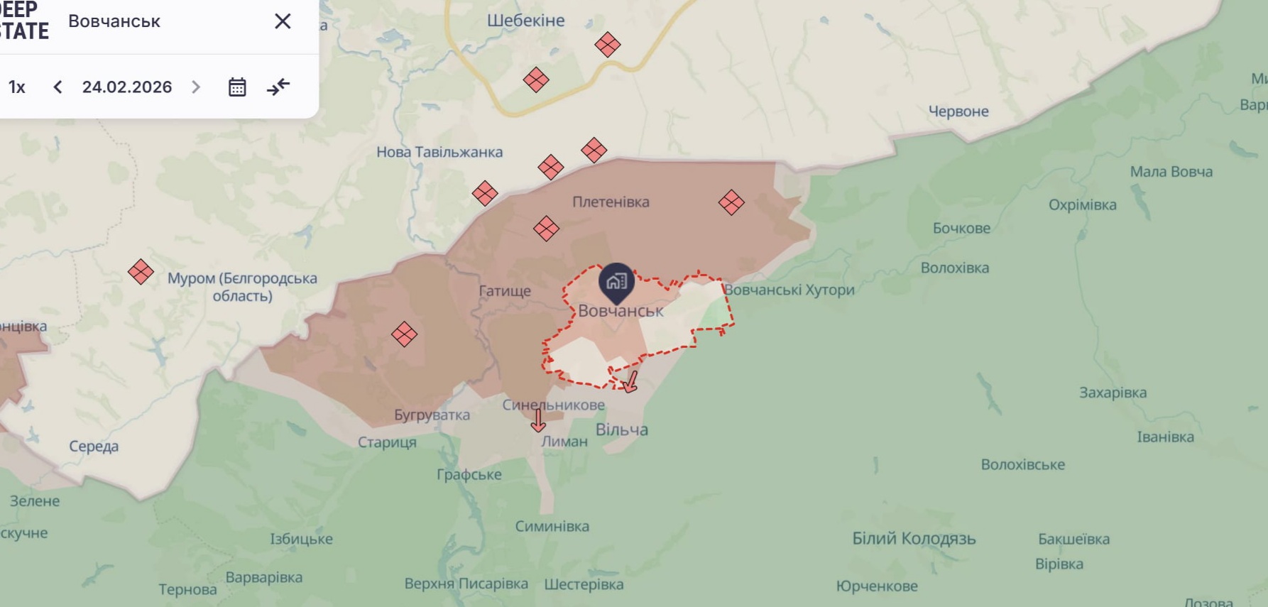 Ориентировочная карта боевых действий на 24 февраля в 23:55/DeepStateMap