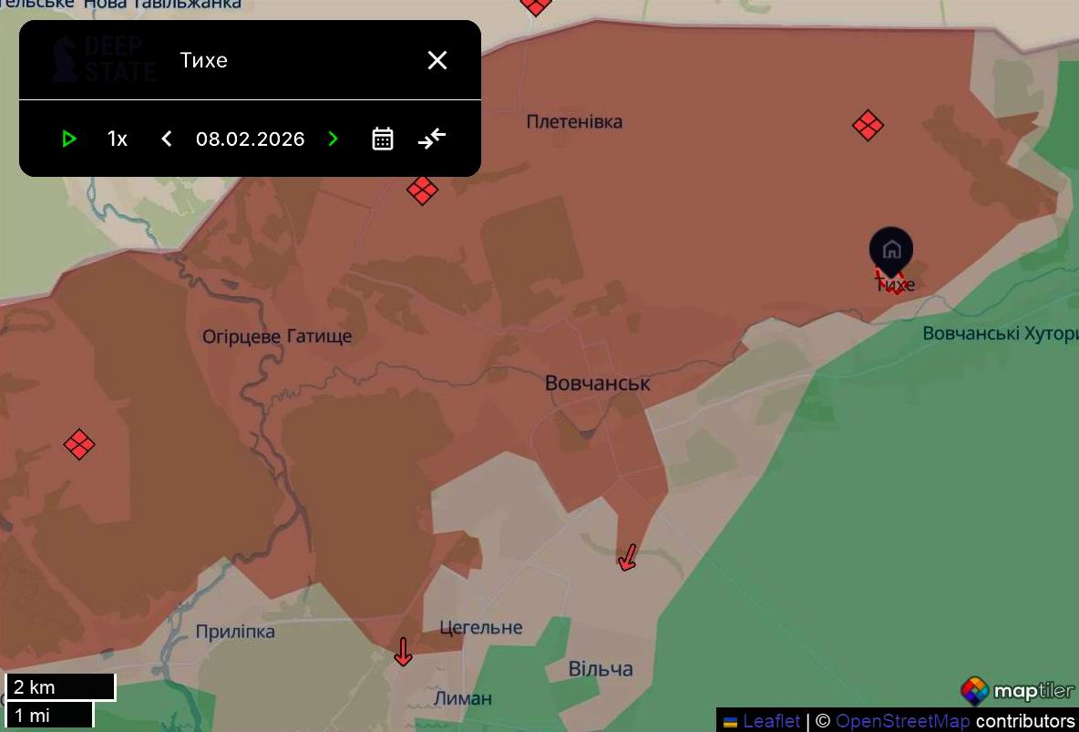 Лінія фронту в районі Вовчанська станом на 8 лютого/DeepStateMAP