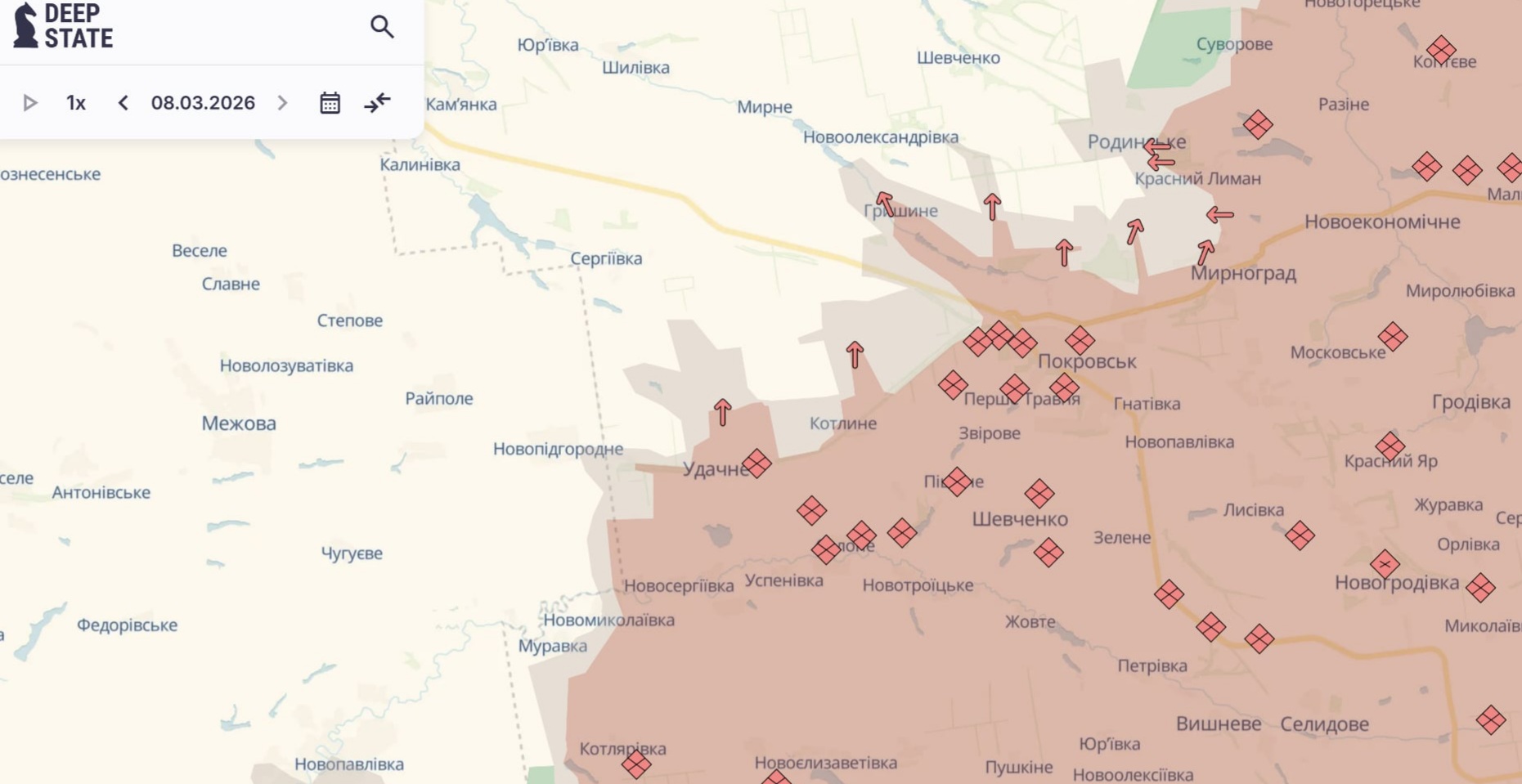 Ориентировочная карта боевых действий на 8 марта в 21:36/DeepStateMap