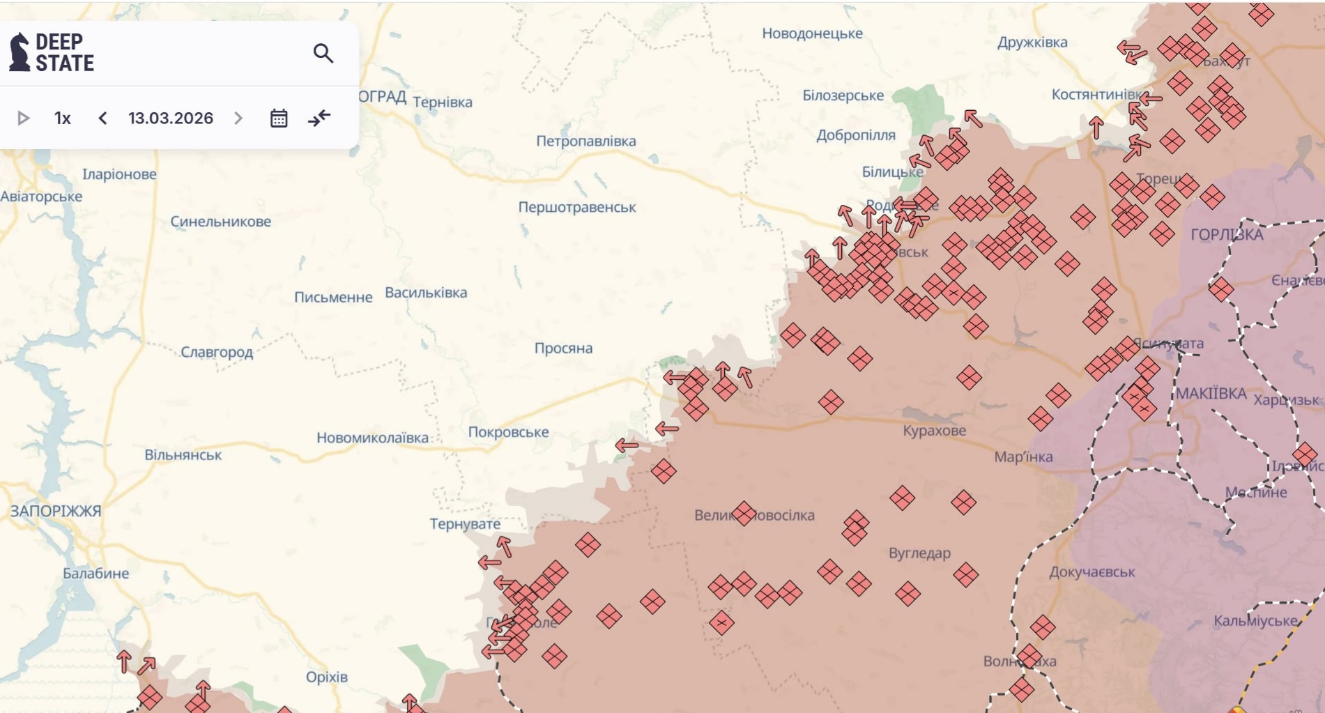 Ориентировочная карта боевых действий на 13 марта в 23:01/DeepStateMap