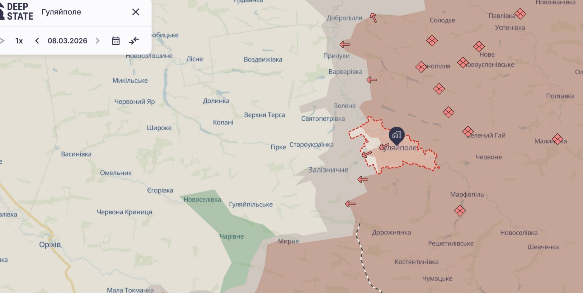 Ориентировочная карта боевых действий на 8 марта в 21:36/DeepStateMap