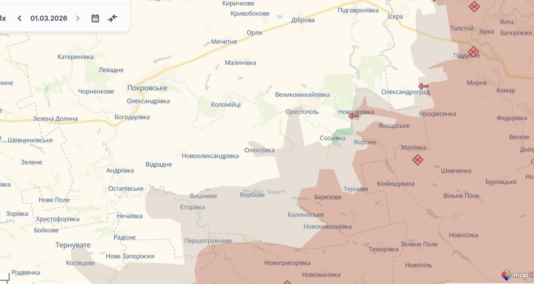 Ориентировочная карта боевых действий на 1 марта в 23:31/DeepStateMap