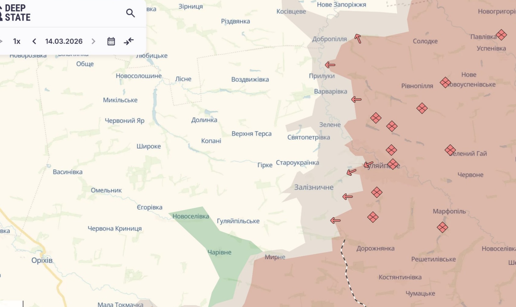 Ориентировочная карта боевых действий на 14 марта в 23:16/DeepStateMap