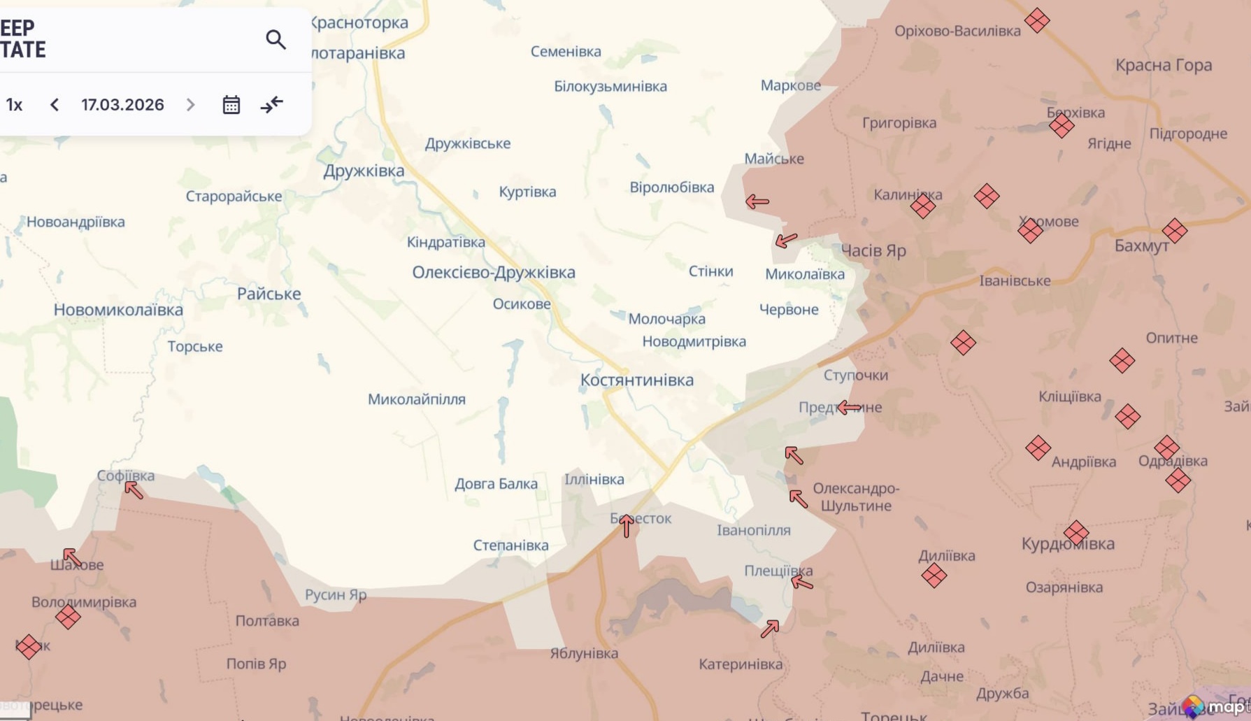 Ориентировочная карта боевых действий на 17 марта в 22:47/DeepStateMap