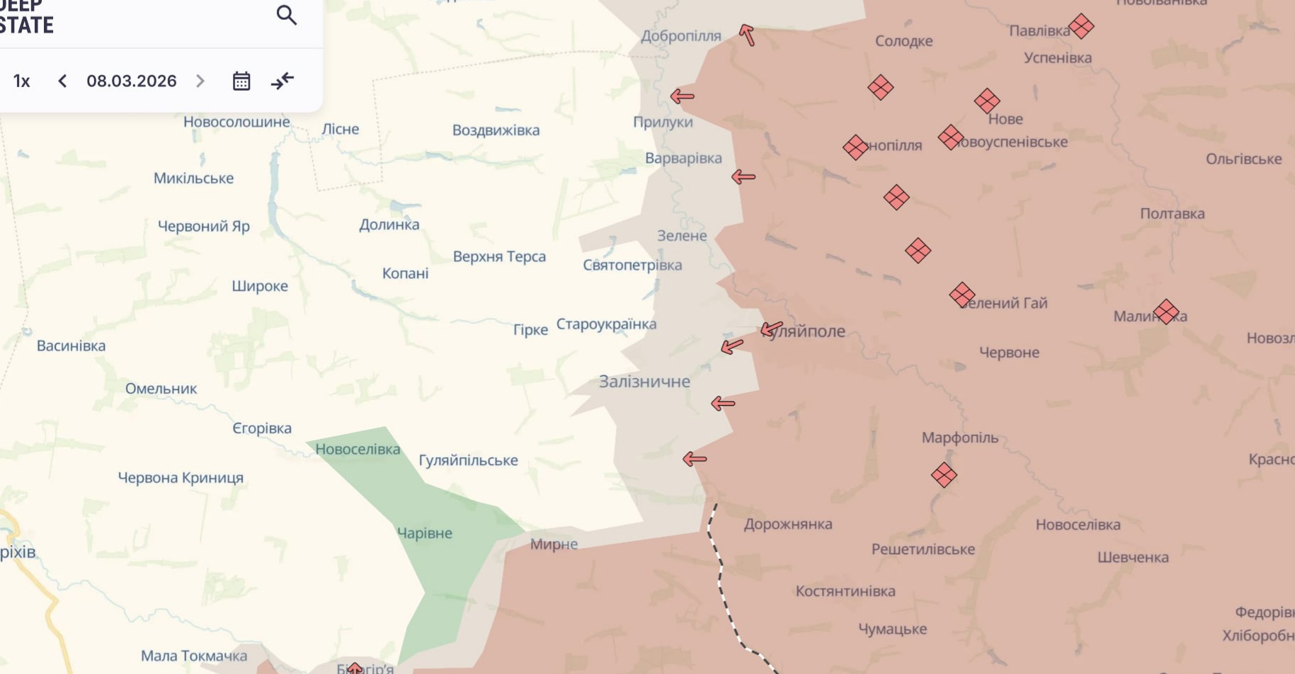Ориентировочная карта боевых действий на 8 марта в 21:36/DeepStateMap