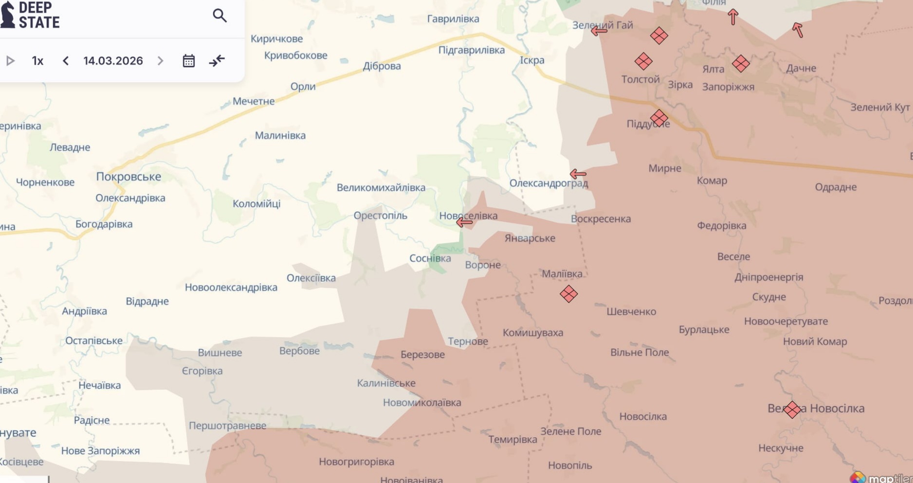 Ориентировочная карта боевых действий на 14 марта в 23:16/DeepStateMap