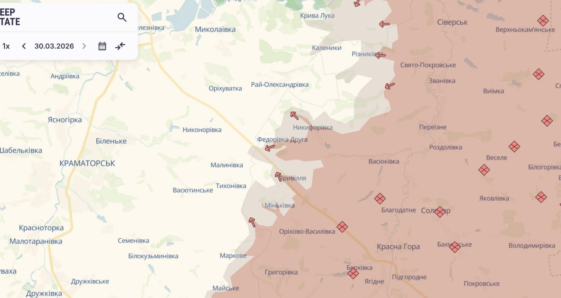 Ориентировочная карта боевых действий на 30 марта в 22:33/DeepStateMap