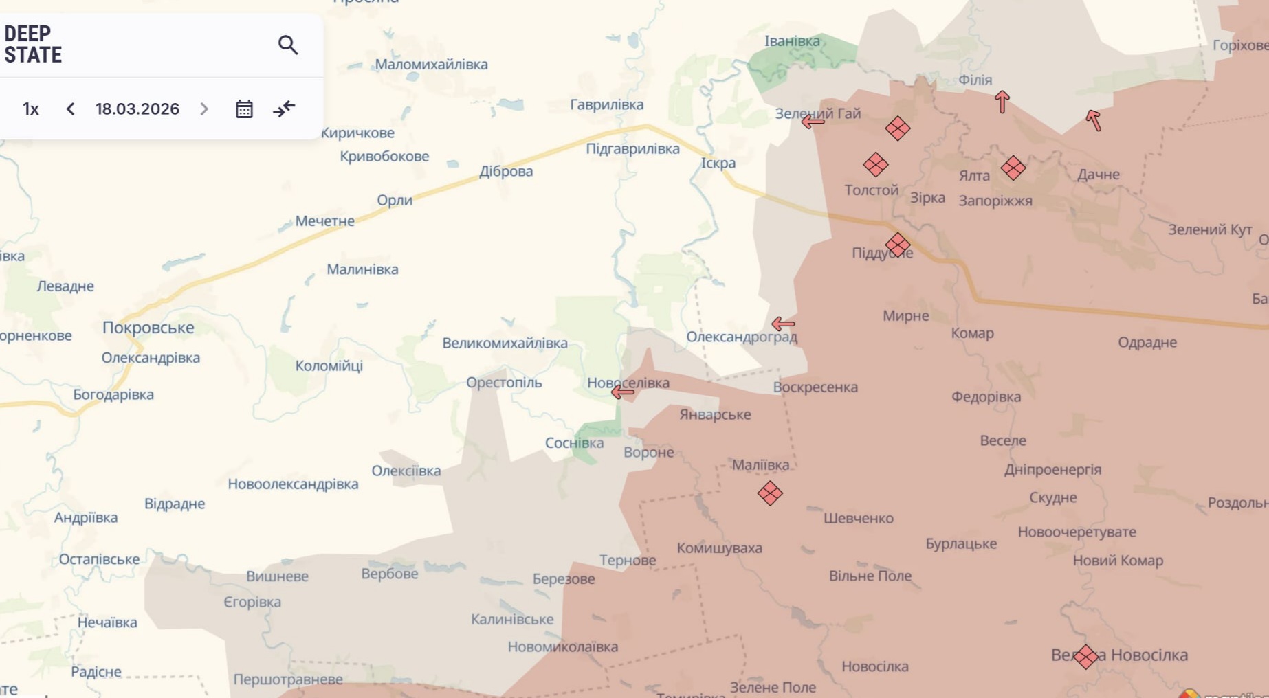 Ориентировочная карта боевых действий по состоянию на 18 марта в 22:04/DeepStateMap