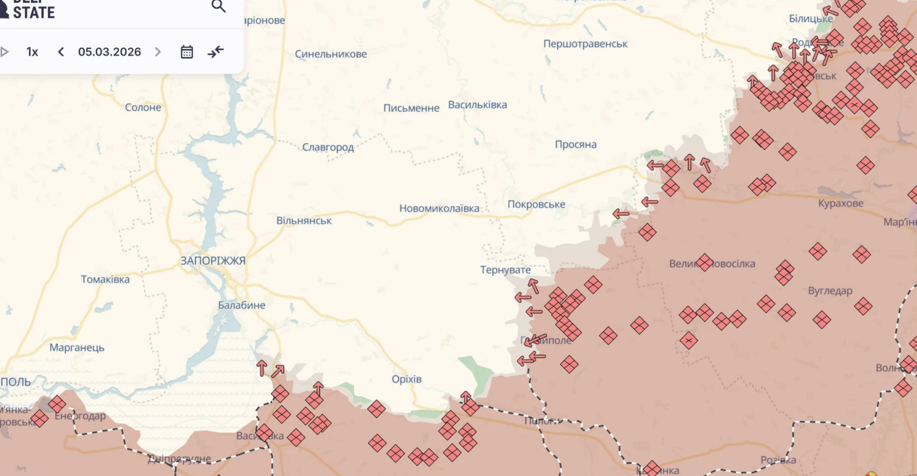Ориентировочная карта боевых действий на 5 марта в 23:24/DeepStateMap