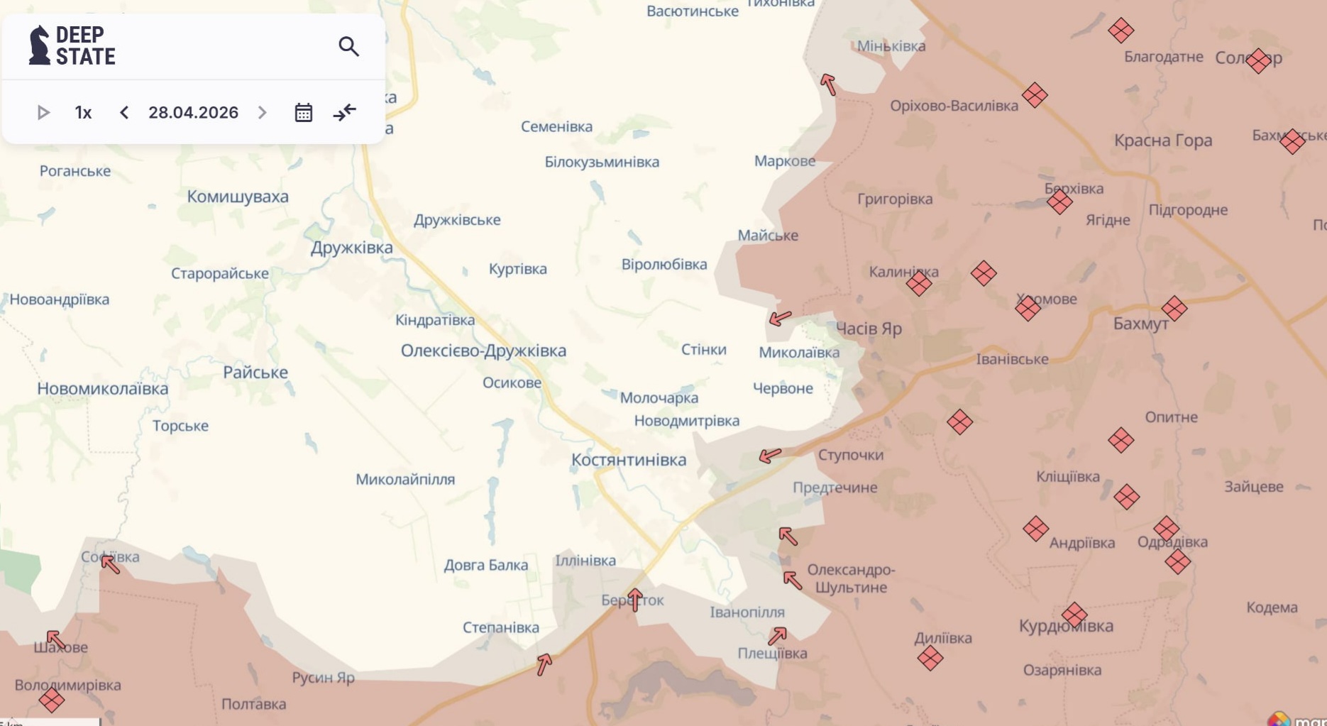 Ориентировочная карта боевых действий на 28 апреля в 22:46/DeepStateMap