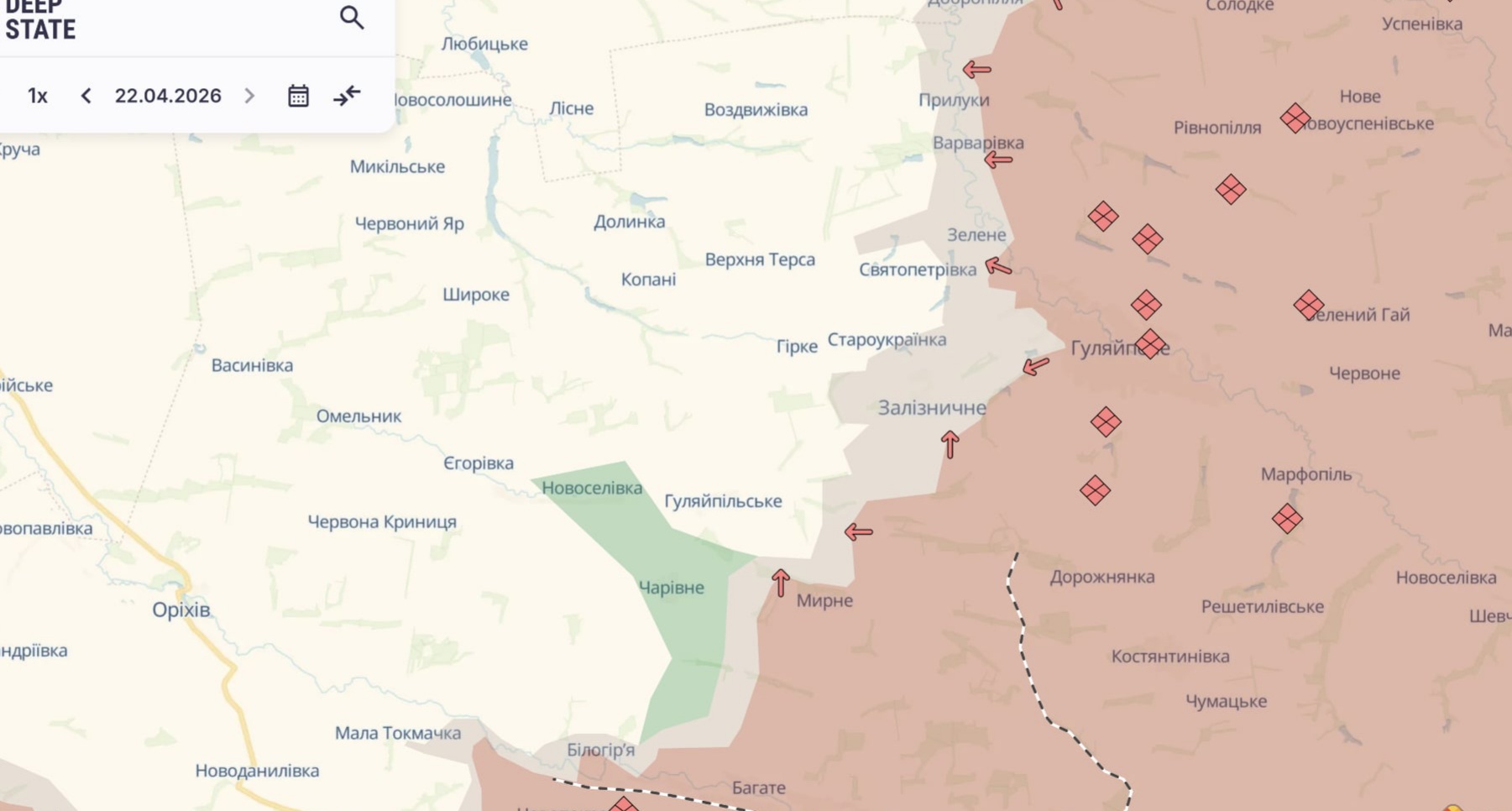 Ориентировочная карта боевых действий по состоянию на 22 апреля в 22:49 / DeepStateMap