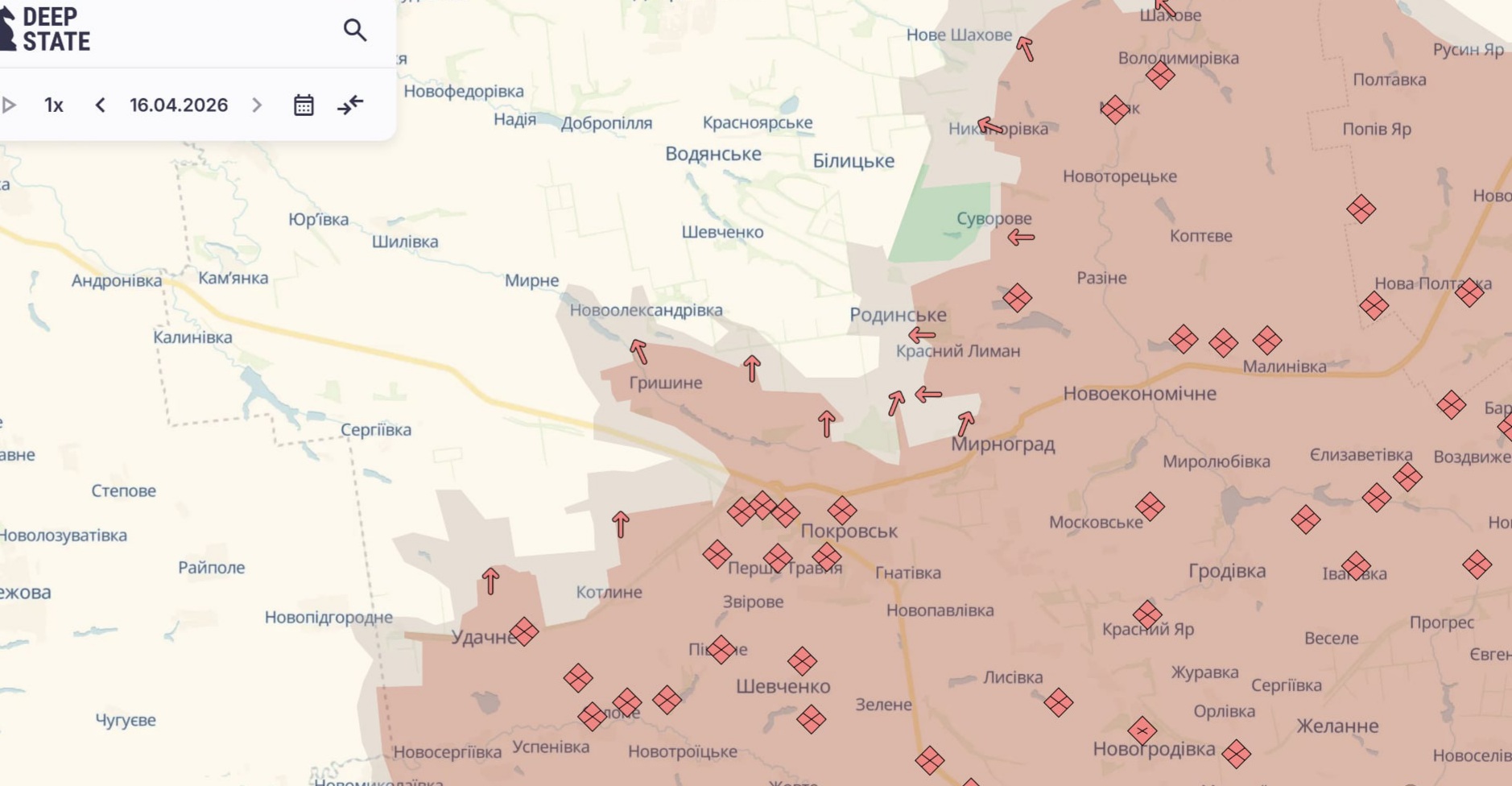 Ориентировочная карта боевых действий на 16 апреля в 23:29/DeepStateMap