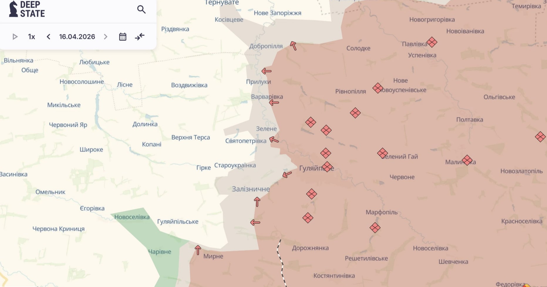 Ориентировочная карта боевых действий по состоянию на 16 апреля в 23:29/DeepStateMap