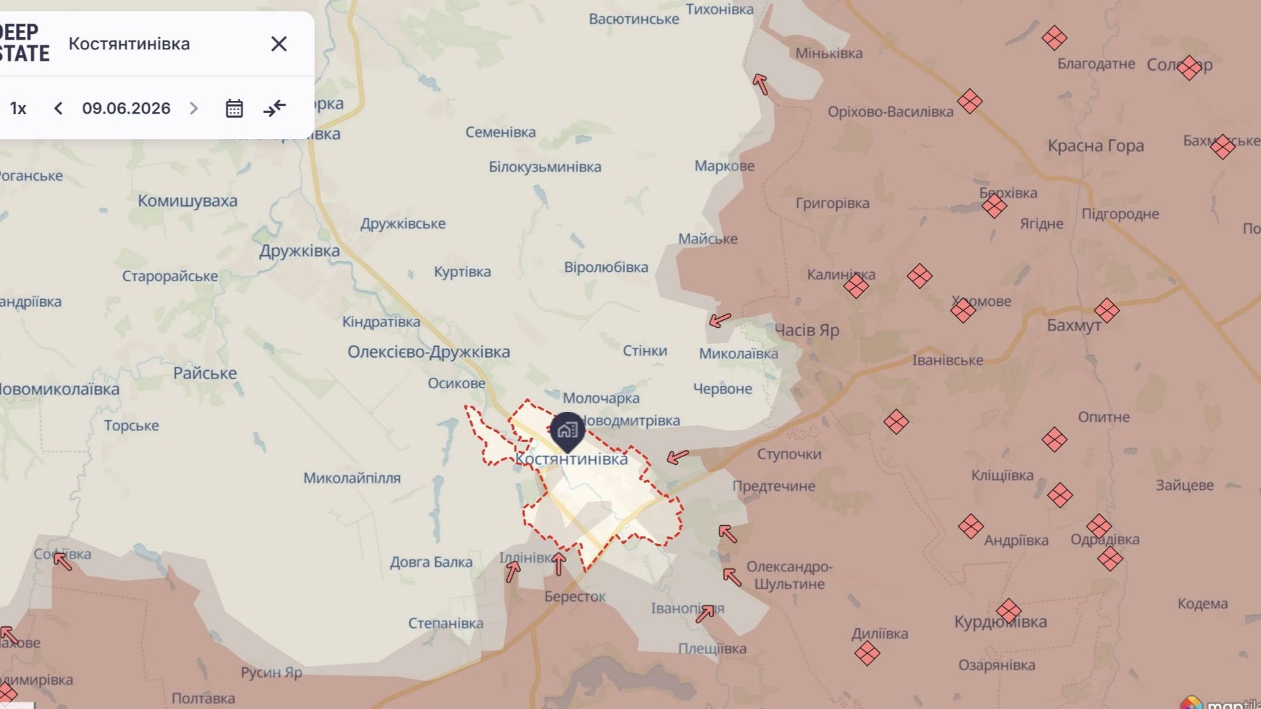 Ориентировочная карта боевых действий по состоянию на 9 июня в 22:35 / DeepStateMap