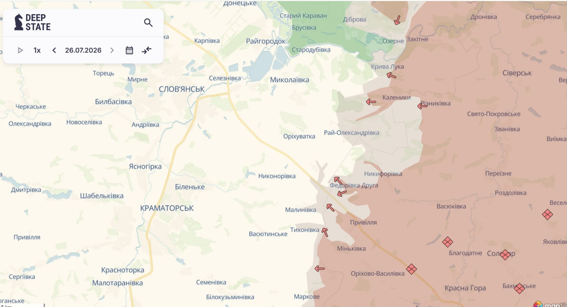 Ориентировочная карта боевых действий на 26 июля в 23:19/DeepStateMap