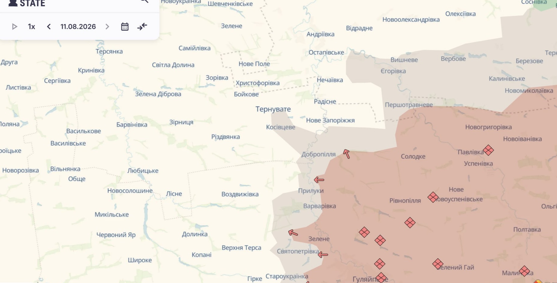 Ориентировочная карта боевых действий по состоянию на 11 августа в 22:53/DeepStateMap