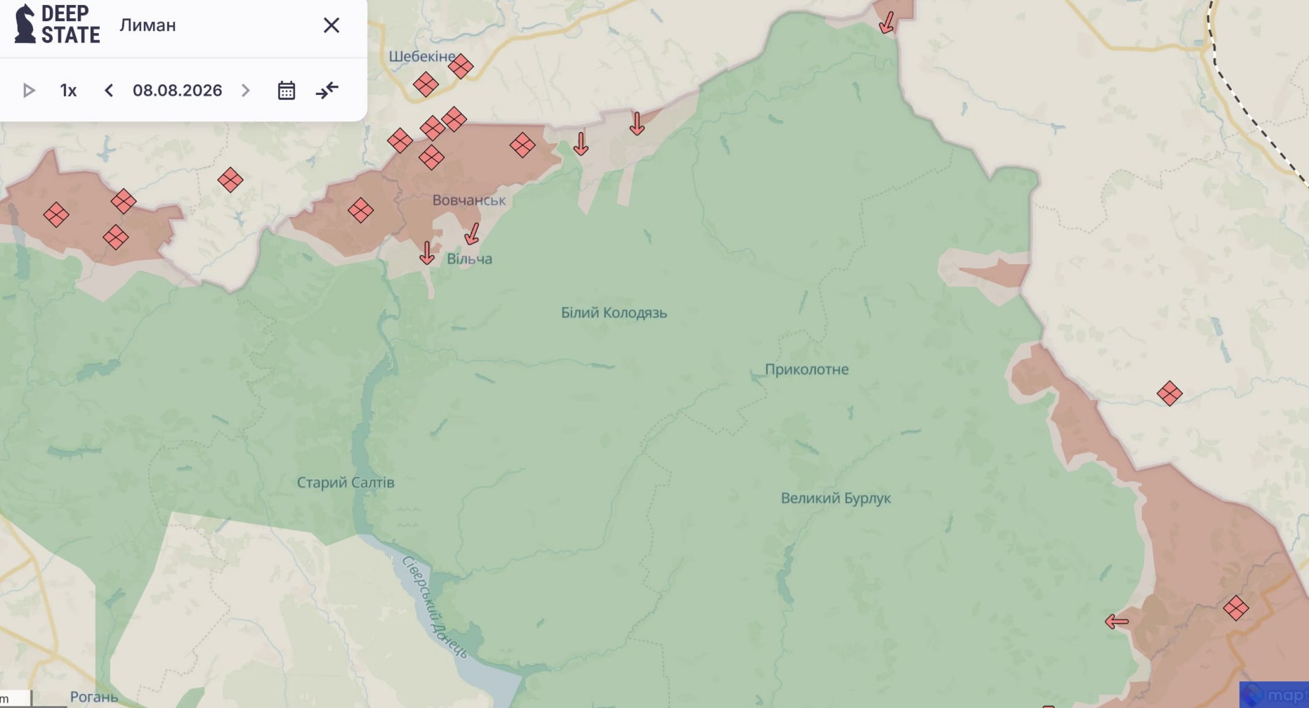 Ориентировочная карта боевых действий по состоянию на 8 августа в 22:34/DeepStateMap