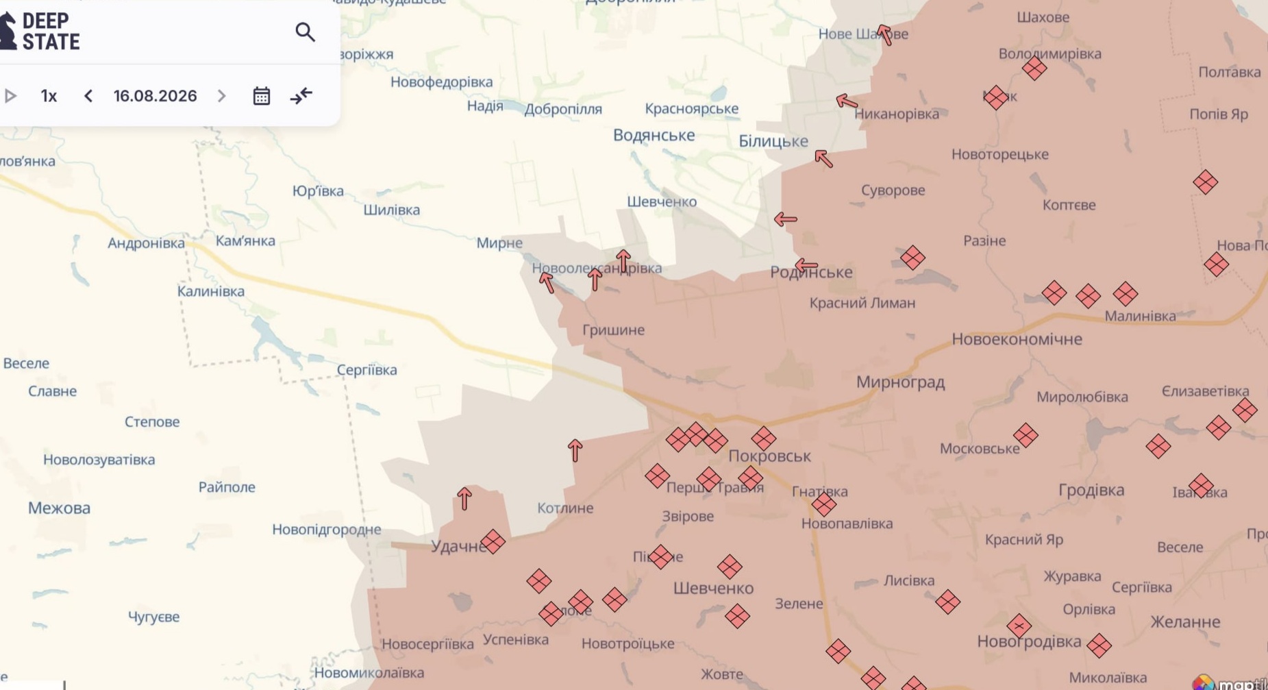 Ориентировочная карта боевых действий по состоянию на 16 августа в 21:59/DeepStateMap